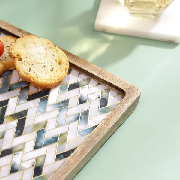 White_&_Silver_Wooden_Enamel_Coated_Square_Serving_Platter_In_Mangowood_,_Snacks_Platter_For_Home_&_Dining_Table_,_Multipurpose_Tray_,_Serving_Tray_(_(20X20)Cm_)