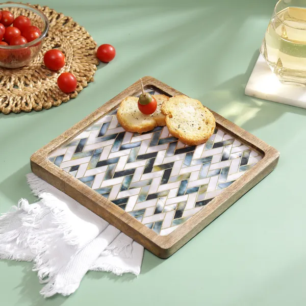 White_&_Silver_Wooden_Enamel_Coated_Square_Serving_Platter_In_Mangowood_,_Snacks_Platter_For_Home_&_Dining_Table_,_Multipurpose_Tray_,_Serving_Tray_(_(20X20)Cm_)