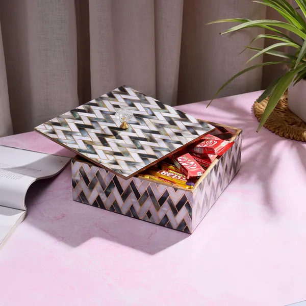 White_&_Silver_Wooden_Enamel_Coated_Premium_Waterproof_Multipurpose_Organizer_Box_,_Woodenbox_,_Dryfruit_Serving_Box_,_Square_Storage_Box_(_(25X25)Cm_)