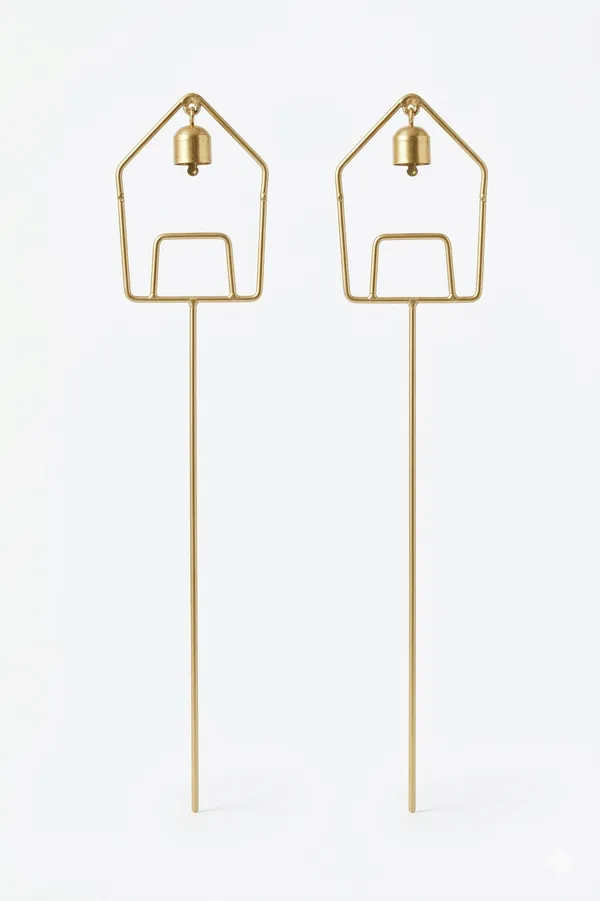 Set_of_2_Handcrafted_Gold_Metal_House-Shaped_Garden_Stakes_with_Hanging_Bells_–_Decorative_Plant_Ornaments_for_Balcony,_and_Outdoor_Garden_Decor