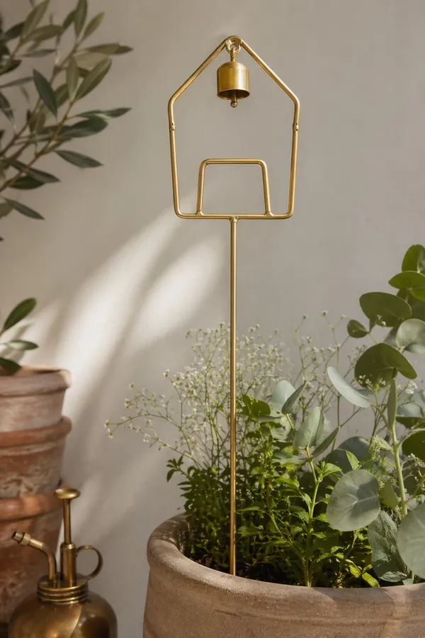 Set_of_2_Handcrafted_Gold_Metal_House-Shaped_Garden_Stakes_with_Hanging_Bells_–_Decorative_Plant_Ornaments_for_Balcony,_and_Outdoor_Garden_Decor