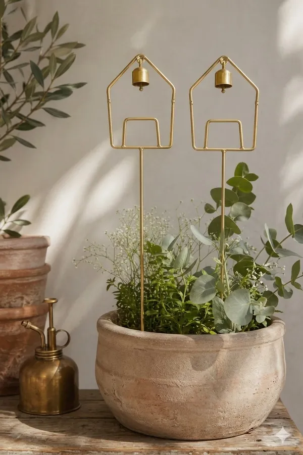 Set_of_2_Handcrafted_Gold_Metal_House-Shaped_Garden_Stakes_with_Hanging_Bells_–_Decorative_Plant_Ornaments_for_Balcony,_and_Outdoor_Garden_Decor