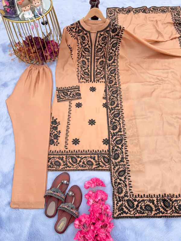 Multicolor_Pure_Chinon_Silk_Top_Bottom_Dupatta_With_Embroidered_Pattern_For_Women