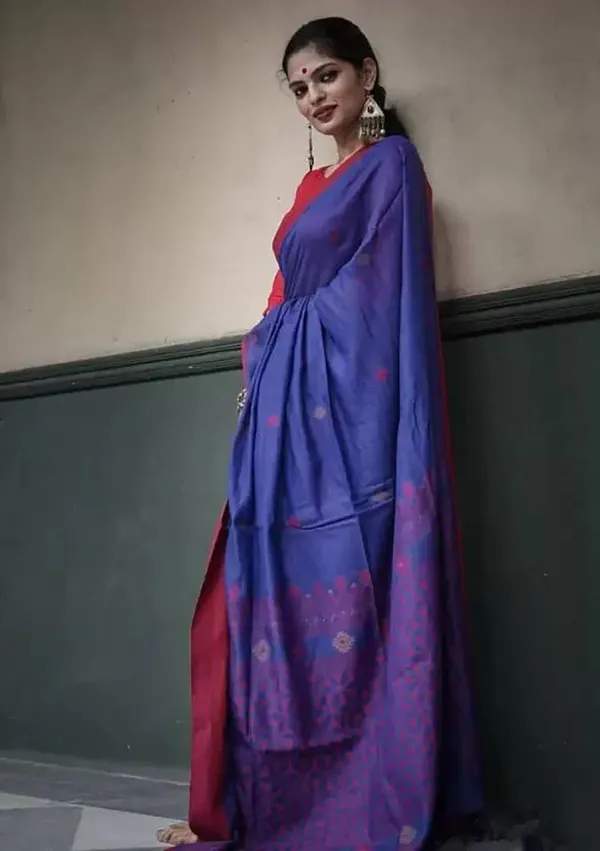 Blue_Saree_With_Soft_Linen_Fabric_Slab_Weaving_Work_With_For_Women