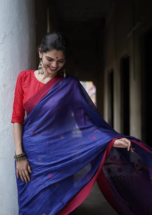 Blue_Saree_With_Soft_Linen_Fabric_Slab_Weaving_Work_With_For_Women