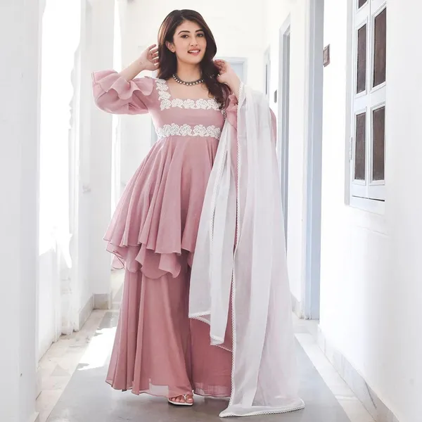 Pink_Top_Palazzo_Dupatta_With_Embroidered_Work_Fancy_Sleeve_Faux_Georgette_Fabric_Pastel_For_Women