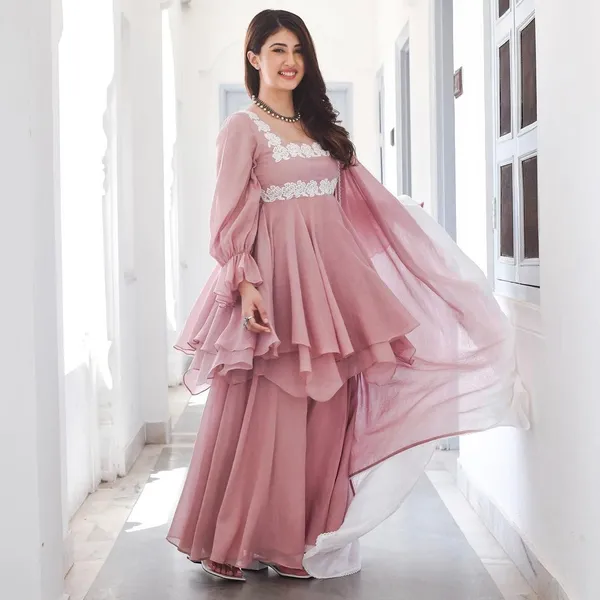 Pink_Top_Palazzo_Dupatta_With_Embroidered_Work_Fancy_Sleeve_Faux_Georgette_Fabric_Pastel_For_Women