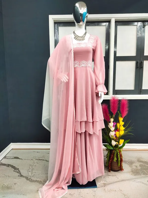 Pink_Top_Palazzo_Dupatta_With_Embroidered_Work_Fancy_Sleeve_Faux_Georgette_Fabric_Pastel_For_Women