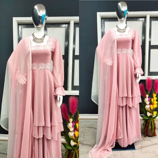 Pink_Top_Palazzo_Dupatta_With_Embroidered_Work_Fancy_Sleeve_Faux_Georgette_Fabric_Pastel_For_Women