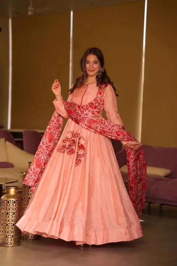 Multicolor_Gown_Dupatta_With_Embroidered_Work_Pure_Chinon_Silk_Fabric_Sleeve_Tassels_Peach_For_Women