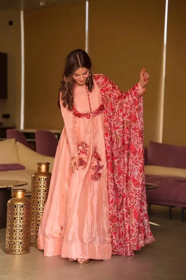 Multicolor_Gown_Dupatta_With_Embroidered_Work_Pure_Chinon_Silk_Fabric_Sleeve_Tassels_Peach_For_Women