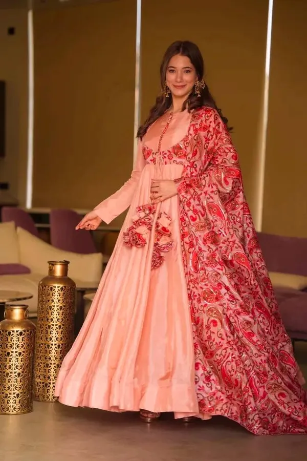 Multicolor_Gown_Dupatta_With_Embroidered_Work_Pure_Chinon_Silk_Fabric_Sleeve_Tassels_Peach_For_Women