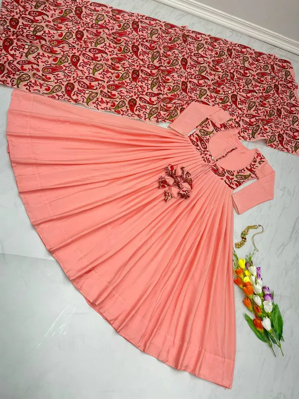 Multicolor_Gown_Dupatta_With_Embroidered_Work_Pure_Chinon_Silk_Fabric_Sleeve_Tassels_Peach_For_Women