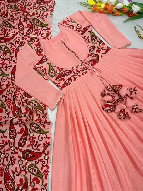 Multicolor_Gown_Dupatta_With_Embroidered_Work_Pure_Chinon_Silk_Fabric_Sleeve_Tassels_Peach_For_Women
