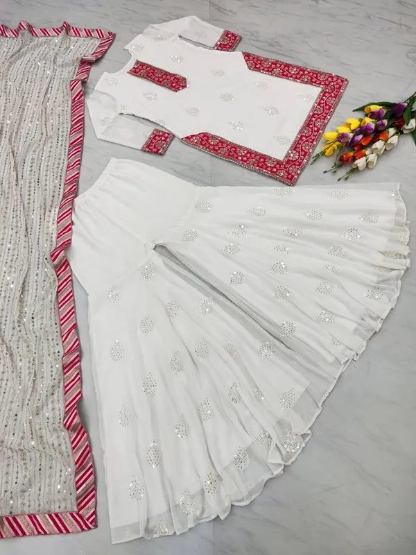 White_Faux_Georgette_Top_Palazzo_Dupatta_With_Embroidered_Work_For_Women