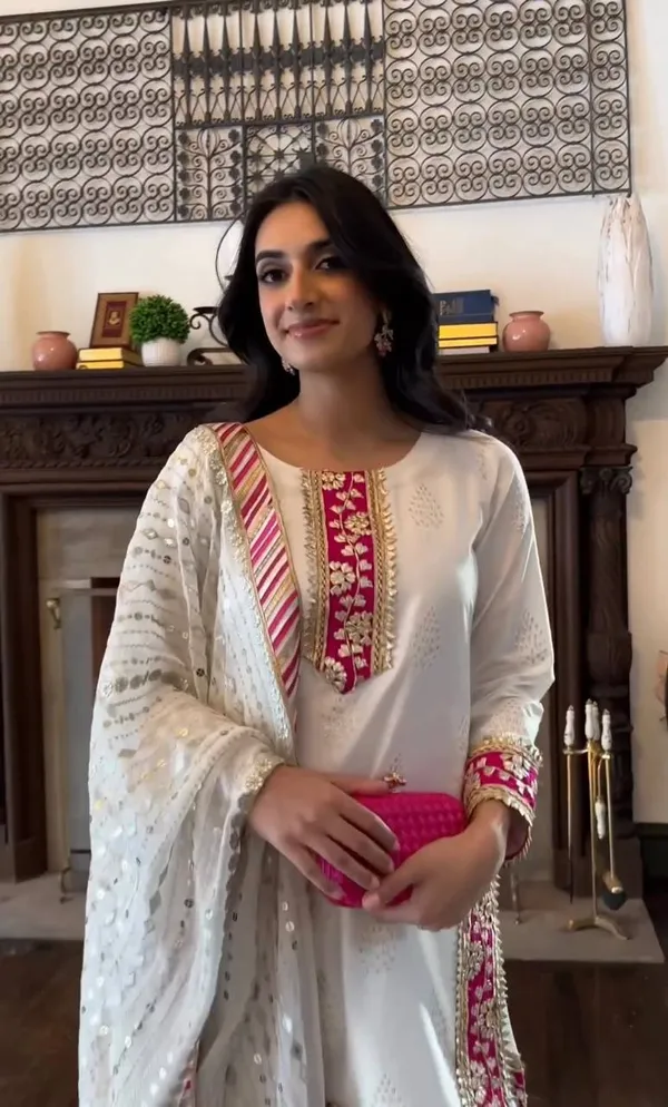 White_Faux_Georgette_Top_Palazzo_Dupatta_With_Embroidered_Work_For_Women