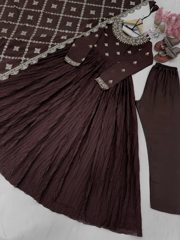 Brown_New_Party_Wear_Look_Pure_Crush_Chinon_Silk_Fabric_Fancy_Gown_Dupatta_Bottom_Set_With_Colour_For_Women