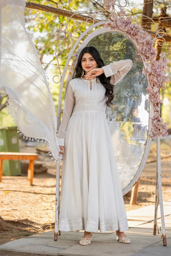 White_New_Party_Wear_Look_Anarkali_Gown_Bottom_Dupatta_Set_With_Faux_Georgette_Fabric_For_Women