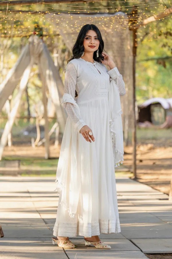 White_New_Party_Wear_Look_Anarkali_Gown_Bottom_Dupatta_Set_With_Faux_Georgette_Fabric_For_Women