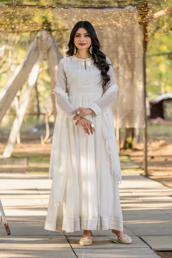 White_New_Party_Wear_Look_Anarkali_Gown_Bottom_Dupatta_Set_With_Faux_Georgette_Fabric_For_Women