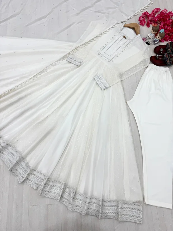 White_New_Party_Wear_Look_Anarkali_Gown_Bottom_Dupatta_Set_With_Faux_Georgette_Fabric_For_Women