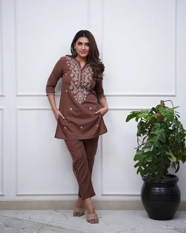 Brown_Special_Trending_Cord-Set_For_Ladies_With_Embroidery_Work_Rayon_Fabric_For_Women