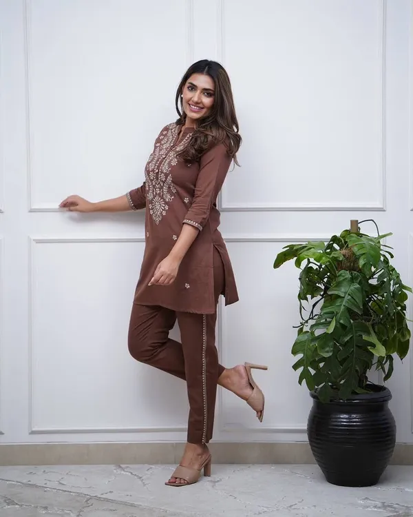 Brown_Special_Trending_Cord-Set_For_Ladies_With_Embroidery_Work_Rayon_Fabric_For_Women