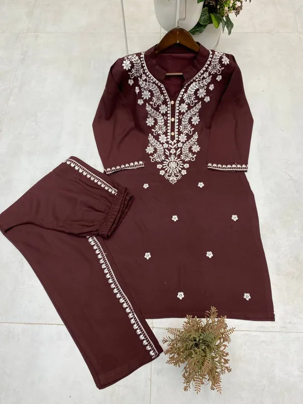 Brown_Special_Trending_Cord-Set_For_Ladies_With_Embroidery_Work_Rayon_Fabric_For_Women