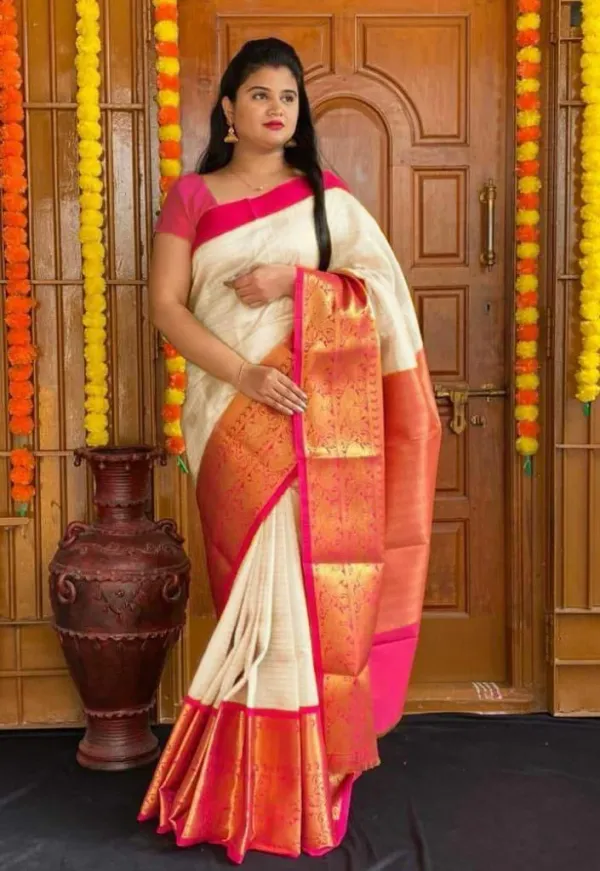 Beige_Saree_With_Soft_Lichi_Silk_Fabric_With_Jacquard_Work_With_Beige_For_Women