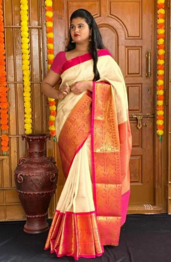 Beige_Saree_With_Soft_Lichi_Silk_Fabric_With_Jacquard_Work_With_Beige_For_Women