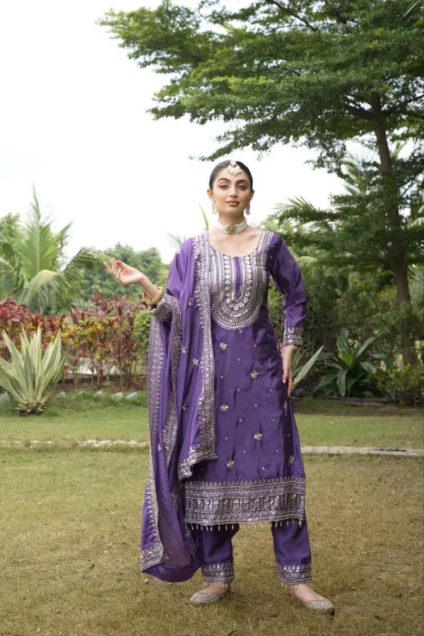 Lavender_Top_Pant_Dupatta_With_Chinon_Fabric_Suit_With_Embroidered_Work_For_Women