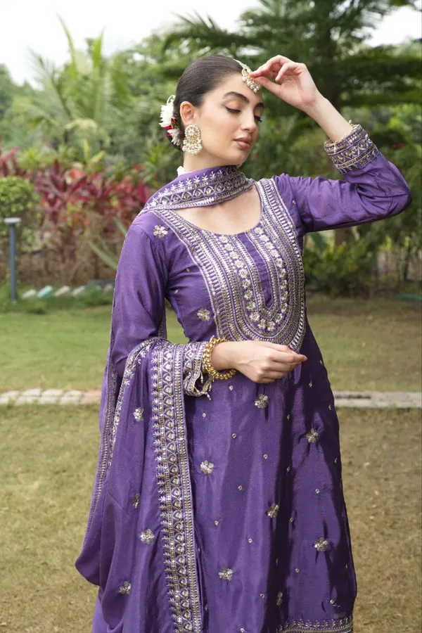 Lavender_Top_Pant_Dupatta_With_Chinon_Fabric_Suit_With_Embroidered_Work_For_Women