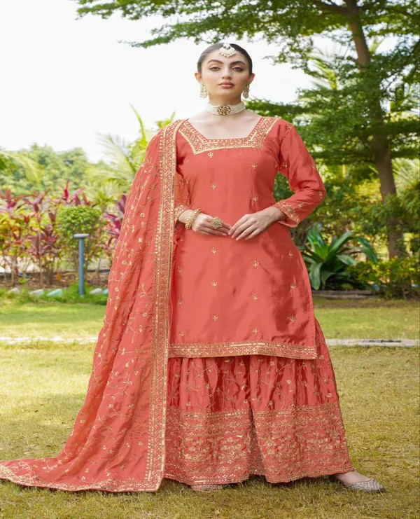 Multicolor_Suit_Sharara_Dupatta_With_Chinon_Fabric_Embroidered_Work_Peach_For_Women