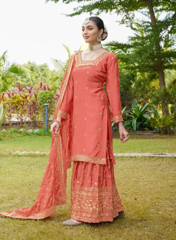Multicolor_Suit_Sharara_Dupatta_With_Chinon_Fabric_Embroidered_Work_Peach_For_Women