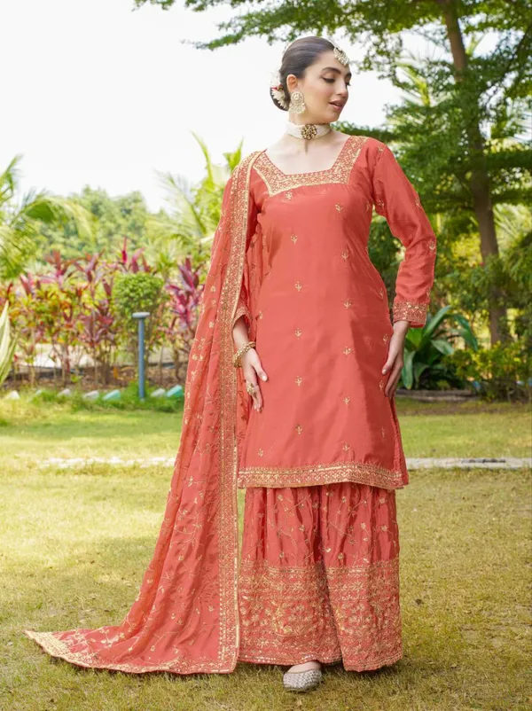 Multicolor_Suit_Sharara_Dupatta_With_Chinon_Fabric_Embroidered_Work_Peach_For_Women