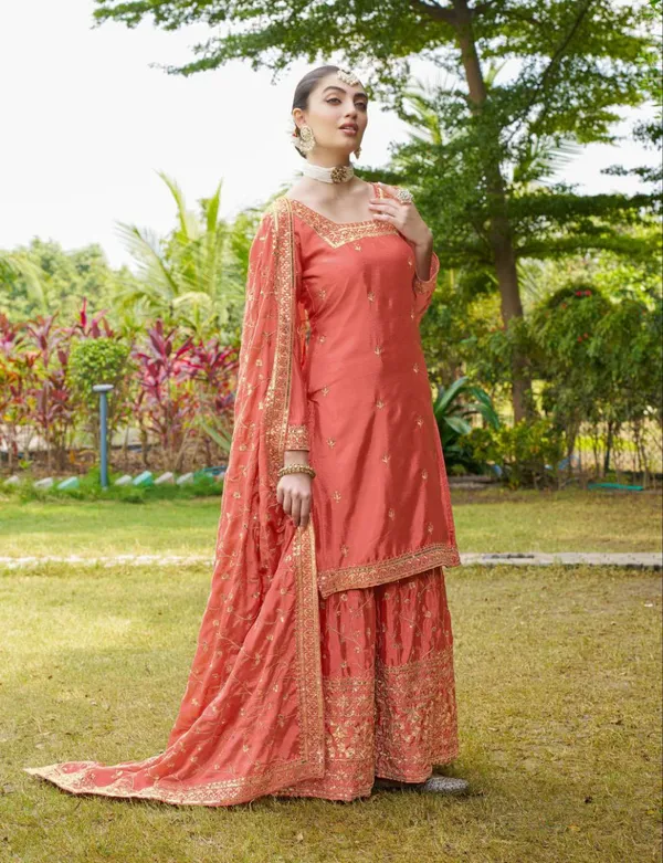 Multicolor_Suit_Sharara_Dupatta_With_Chinon_Fabric_Embroidered_Work_Peach_For_Women