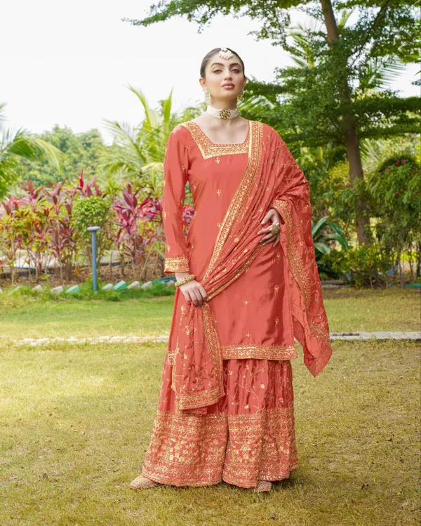 Multicolor_Suit_Sharara_Dupatta_With_Chinon_Fabric_Embroidered_Work_Peach_For_Women