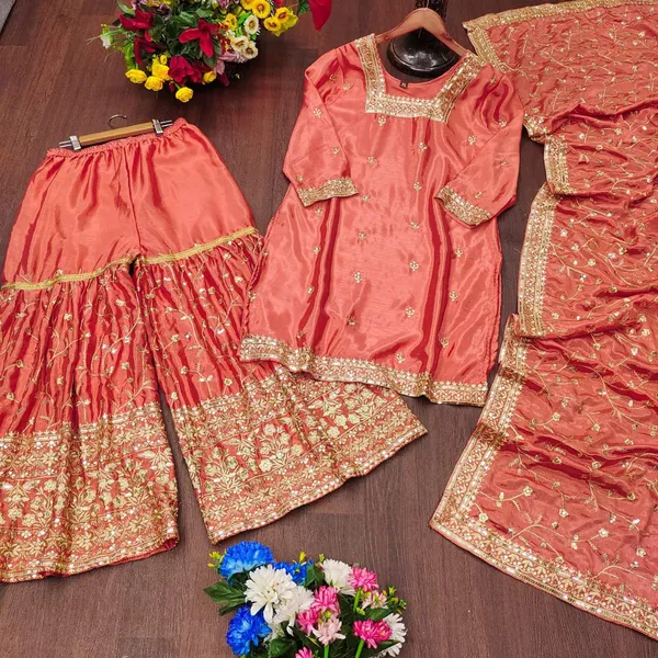 Multicolor_Suit_Sharara_Dupatta_With_Chinon_Fabric_Embroidered_Work_Peach_For_Women