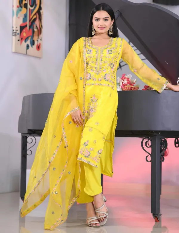 Multicolor_Top_Pant_Dupatta_With_Organza_Fabric_Coding_Embroidery_Sequence_Work_For_Women