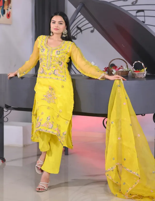 Multicolor_Top_Pant_Dupatta_With_Organza_Fabric_Coding_Embroidery_Sequence_Work_For_Women