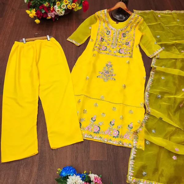Multicolor_Top_Pant_Dupatta_With_Organza_Fabric_Coding_Embroidery_Sequence_Work_For_Women