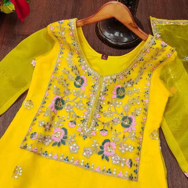 Multicolor_Top_Pant_Dupatta_With_Organza_Fabric_Coding_Embroidery_Sequence_Work_For_Women