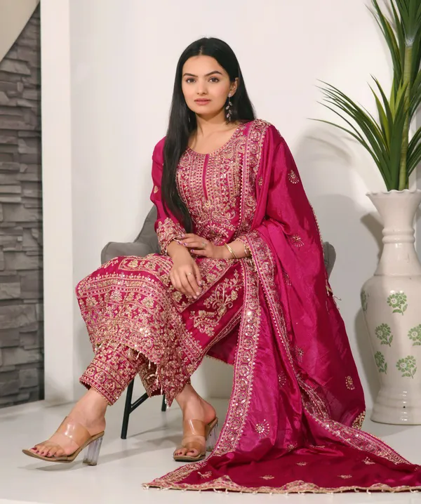 Multicolor_Suit_With_Designer_Embroidered_Chinon_Fabric_With_Coding_Sequence_Work_Floral_For_Women