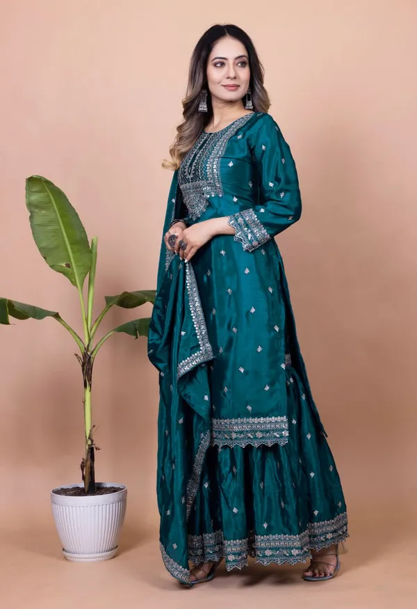Indigo_Blue_New_Designer_Embroidered_Chinon_Sharara_Suit_With_Sequence_Embroidered_Work_For_Women