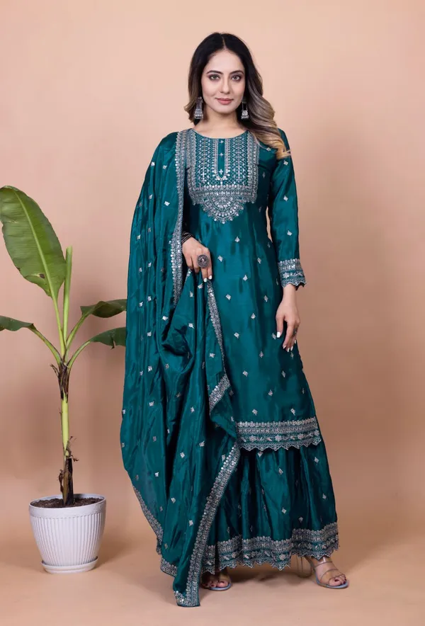 Indigo_Blue_New_Designer_Embroidered_Chinon_Sharara_Suit_With_Sequence_Embroidered_Work_For_Women