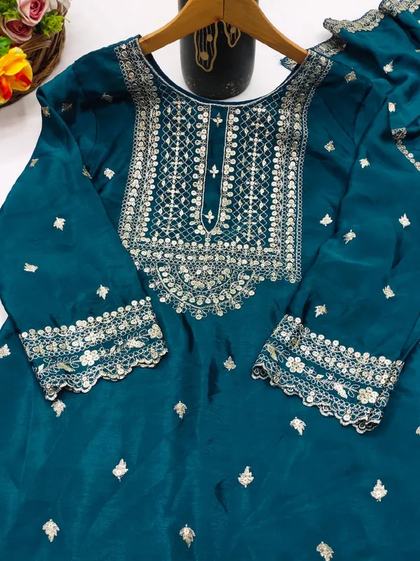 Indigo_Blue_New_Designer_Embroidered_Chinon_Sharara_Suit_With_Sequence_Embroidered_Work_For_Women