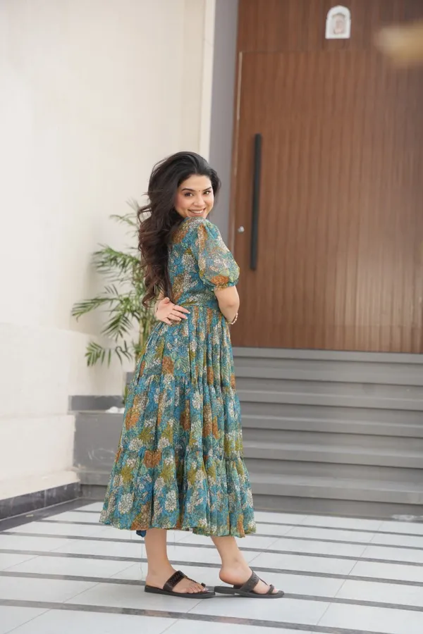 Teal_Cotton_Floral_Print_Midi_Dress_For_Women
