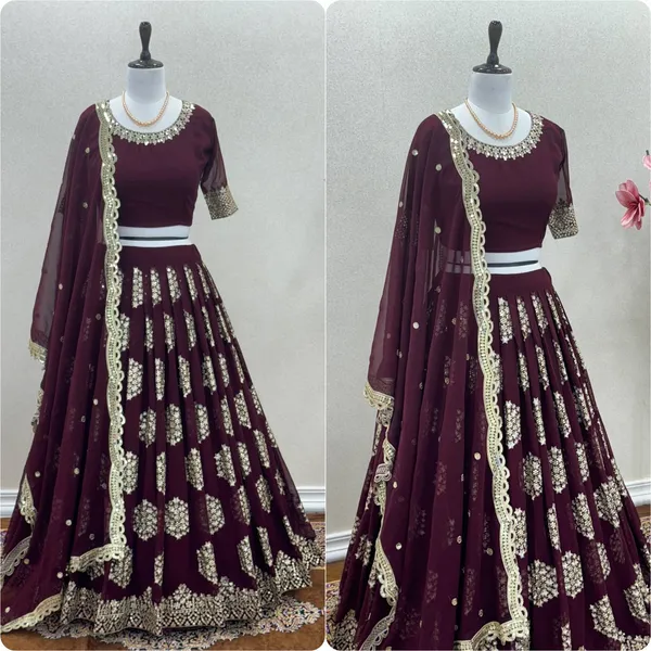 Wine_Red_Lehenga_Choli_Dupatta_With_Embroidered_Work_Border_Cutwork_Wine_Red_For_Women