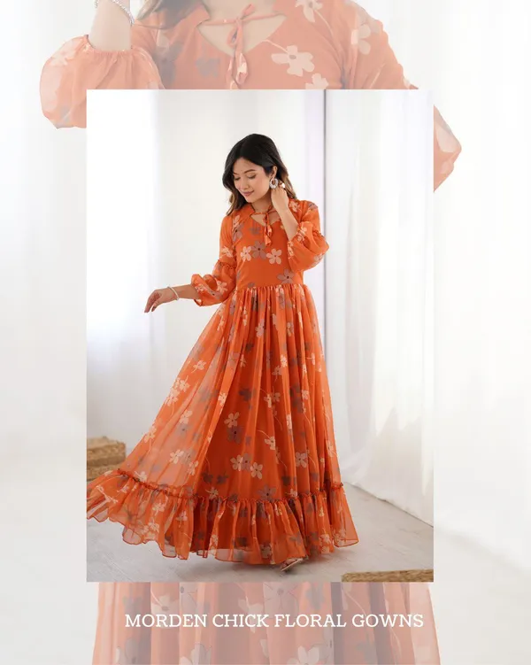Orange_Ethereal_Clouds_Flared_Gown_Cum_One_Piece_For_Ladies_Made_For_All_Season_With_Faux_Georgette_Fabric_All_Over_Floral_Printed_With_Double_Frill_Patterns_For_Women