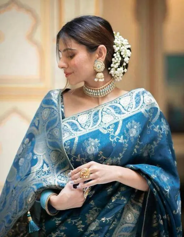 Teal_Blue_Saree_With_Soft_Lichi_Silk_Fabric_With_Jacquard_Work_With_For_Women